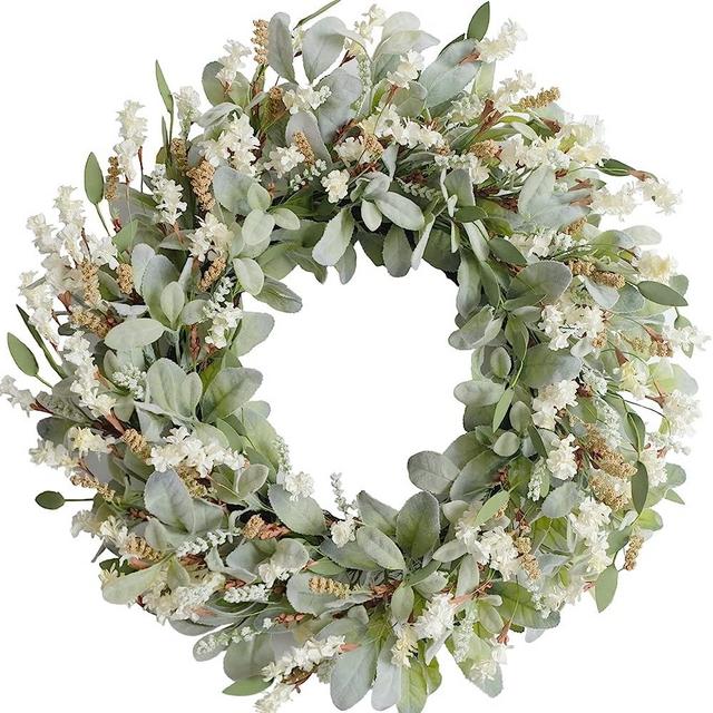 Egolot 24 Inch Summer Spring Ivory Flowers Wreath for Front Door, Everyday Lamb Ears Leaves Wreath with White Artificial Flower for Indoor and Outdoor, Rustic and Farmhouse Greenery Flower Wreath