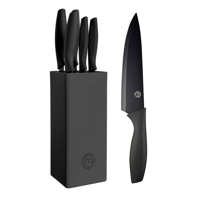 MasterChef 7pc Block Kitchen Knife Set with Nonstick Coated and Holder Essential Black Collection: Stainless Steel Blades, Rubber Handles