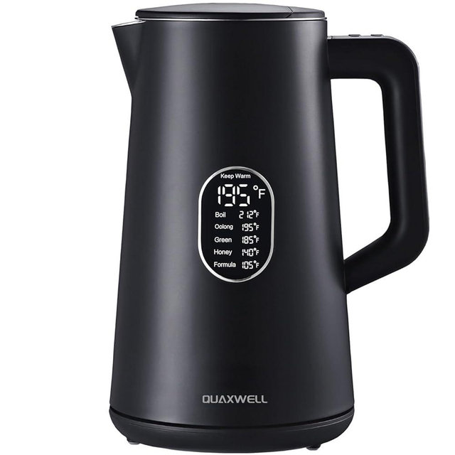 QUAXWELL 1.5L Electric Kettle Stainless Steel, Double Wall Cool Touch Teapot, Fast Boil,5 Temperature Control, LED Display, Auto Shut-Off, BPA-Free,Keep Warm Function, Ideal for Tea & Coffee,Black