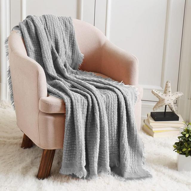 CREVENT Farmhouse Waffle Knit Throw Blanket for Couch Sofa Chair Bed Home Decoration, Soft Warm Cozy Light Weight for Spring Summer Fall (50''X60'' Light Grey)