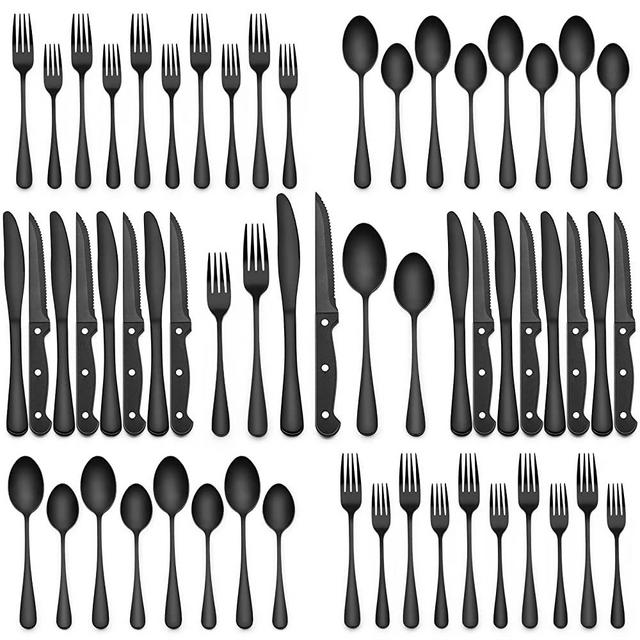 48-Piece Black Silverware Set with Steak Knives, Black Flatware Set for 8, Food-Grade Stainless Steel Tableware Cutlery Set, Satin Finished Polished Utensil Sets for Home Restaurant