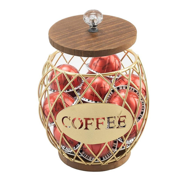 COAEXMAZ Coffee Pod Holder Compatible with 60 Nespresso Original Line Pods for Coffee Station Corner Organizer K-Cup Vertuo Capsules Wire Metal Basket With Wooden Lid Crystal Handle Golden Color