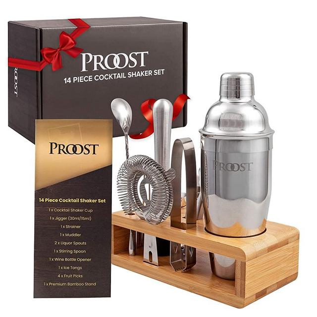 Proost 14-piece Stainless Steel Cocktail Shaker Set with Bamboo Stand & Drink Recipe Booklet: Bartender Kit, Perfect Bar Set for Home Bar with All Essential Bar Tools, Martini Shaker Set