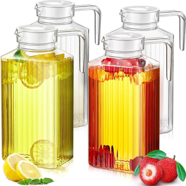 Panitay 4 Pcs 51 Ounces Plastic Pitcher with Lid Clear Acrylic Refrigerator Safe Pitcher Shatter Proof Juice Containers with Lids for Water Milk Sangria Lemonade Cold Drinks