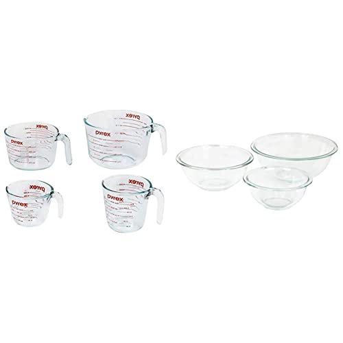Pyrex Glass Measuring Cup Set (4-Piece, Microwave and Oven Safe ),Clear & Glass Mixing Bowl Set (3-Piece Set, Nesting, Microwave and Dishwasher Safe)