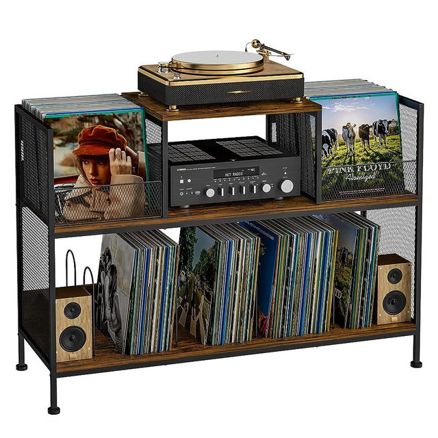 Large Vintage Record Player Table with 4 Adjustable Dividers, Vinyl Record Storage Cabinet for Up to 350 Albums, Medieval Turntable Stand for Living Room, Bedroom, Office
