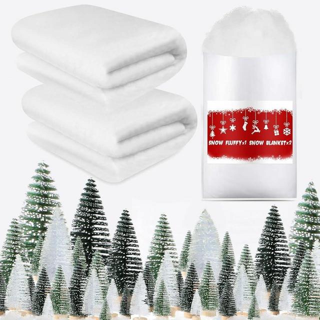 BESTEEL 2 Pack Christmas Snow Roll and 3 Foot X 8 Foot Artificial Snow Blanket and 18OZ Fake Artificial Fluffy Decor for Christmas Decoration Village with 36pcs Mini Trees