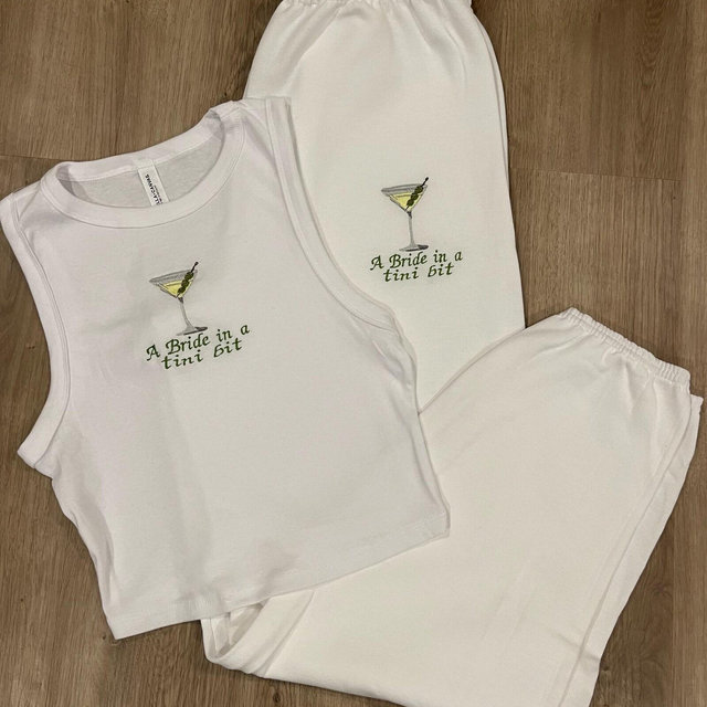 A bride in a tini bit embroidered matching tank top and sweats pants set, customized bridal party set, bachelorette set, dirty martini bride