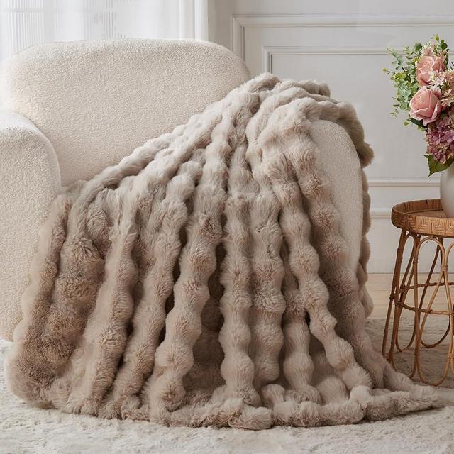 Lotus Karen Faux Fur Throw Blanket Linen - 800 GSM Bubble Rabbit Fluff Blanket for Couch Bed Sofa,Softest Fluffy Fuzzy Cozy Blanket,Thick Furry Plush Shaggy Warm Blankets for Women,50x60 Inches