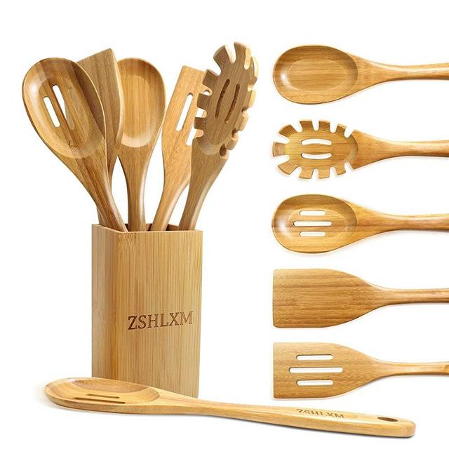Kitchen Utensils Set Cooking Utensils Set Smooth Surface 6 Pcs Bamboo Kitchen Utensils Set with Holder More Durable than Wooden Bamboo Cooking Utensils Set with Holder Easy to Clean ZSHLXM (56)