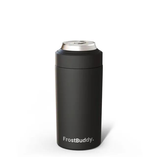 FrostBuddy Universal Buddy Insulated Can Cooler | Fits 12 / 16 Oz Cans, Slim Cans & Bottles | Stainless Steel Drink Holder Black