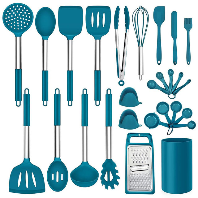 LIANYU 27 PCS Kitchen Utensils Set with Holder, Silicone Cooking Utensils Spatula Set with Stainless Steel Handle, Kitchen Cooking Gadgets Tools for Nonstick Cookware Set, Heat Resistant, Blue