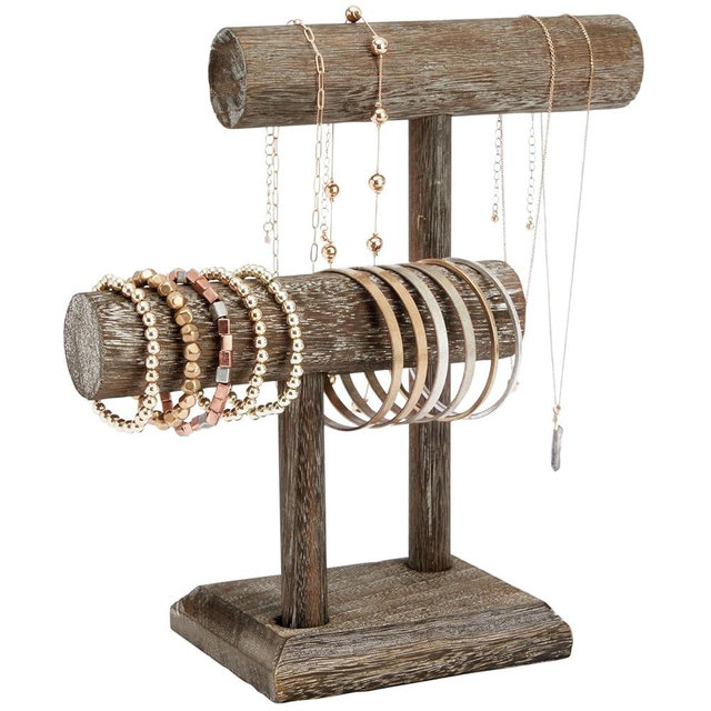 Bright Creations Rustic-Style 2-Tier Jewelry Organizer Stand, Wooden T-Bar Necklace Rack and Bracelet Holder Display for Selling, Bangle, Watch Tower, Rings, Earrings Storage (8x4x9 In)