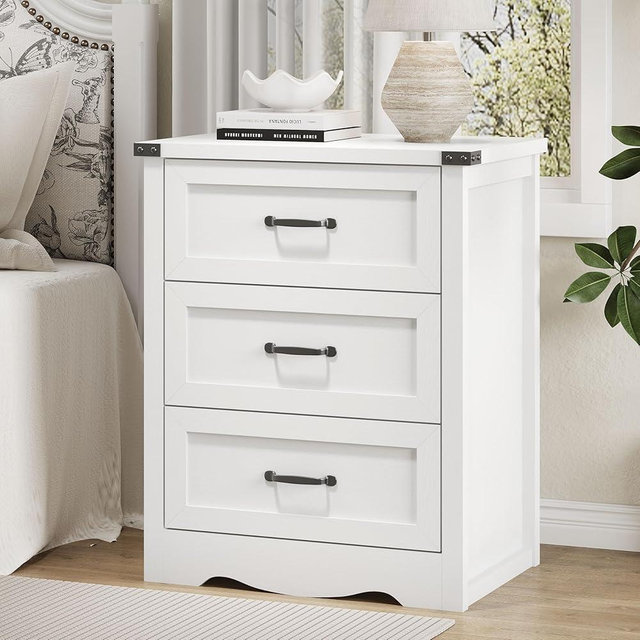Nightstand with 3 Drawers, 24" Wide Farmhouse Bedside End Table, Rustic Wood Side Table Night Stand with Mental Handle, Tall Modern Small Dresser Chest of Drawers for Bedroom, Living Room, Dorm, White