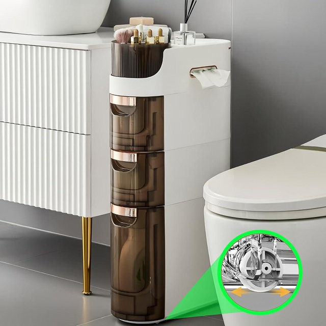 MOSAMNI 3-Tiers Slim Bathroom Storage Cabinet, Waterproof Narrow Bathroom Storage, Bathroom Storage Floor Cabinet with Drawers for Small Spaces, Bathroom, Kitchen, Bedroom, Living Room