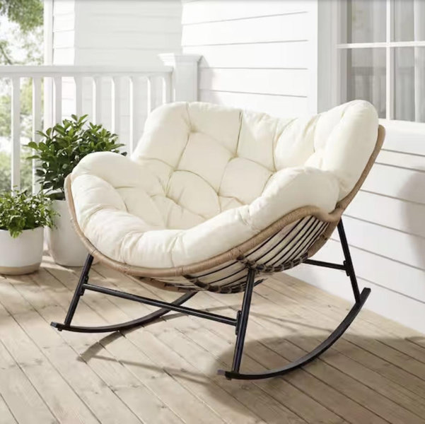 FINCATI Oversized Beige PE Wicker Outdoor Rocking Chair Papasan Chair with Beige Cushion HD-RC-BE-NRT-1036