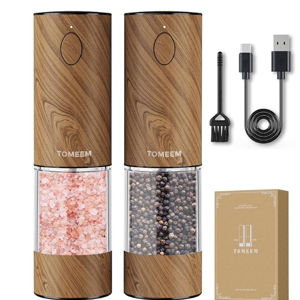 TOMEEM Upgraded Larger Capacity Electric Salt and Pepper Grinder Set Rechargeable with LED lights, Stainless Steel Automatic Pepper and Salt Grinder Refillable with 5 Adjustable Coarseness Wood Grain