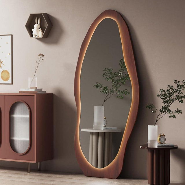 osemy 67"x 26" LED Wood Full Length Mirror with Lights Irregular Wavy Full Body Mirror Shatter-Proof Hanging/Leaning Wall Mounted Walnut Wooden Framed Mirror for Dressing Bedroom Living Room
