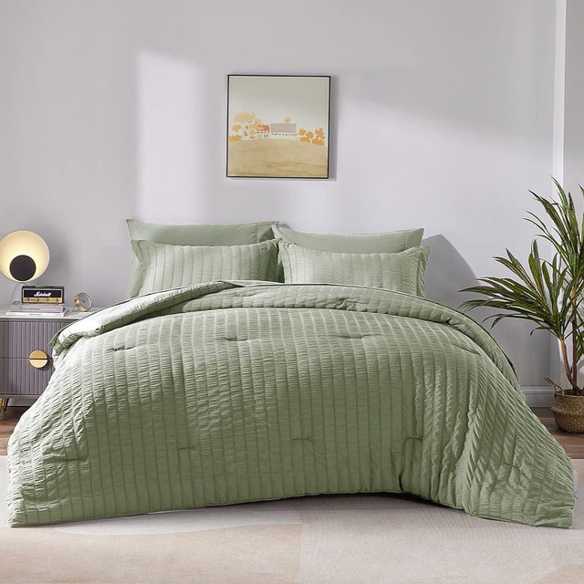 CozyLux Full Seersucker Comforter Set with Sheets Sage Green Bed in a Bag 7-Pieces All Season Bedding Sets with Comforter, Pillow Sham, Flat Sheet, Fitted Sheet, Pillowcase