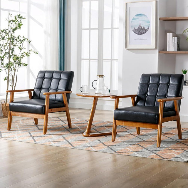 Kayflora PU Leather Accent Chair Set of 2, Mid-Century Modern Armchair with Solid Wood Armrests, Button-Tufted Comfortable Cushioned Reading Chairs for Living Room, Bedroom (Black