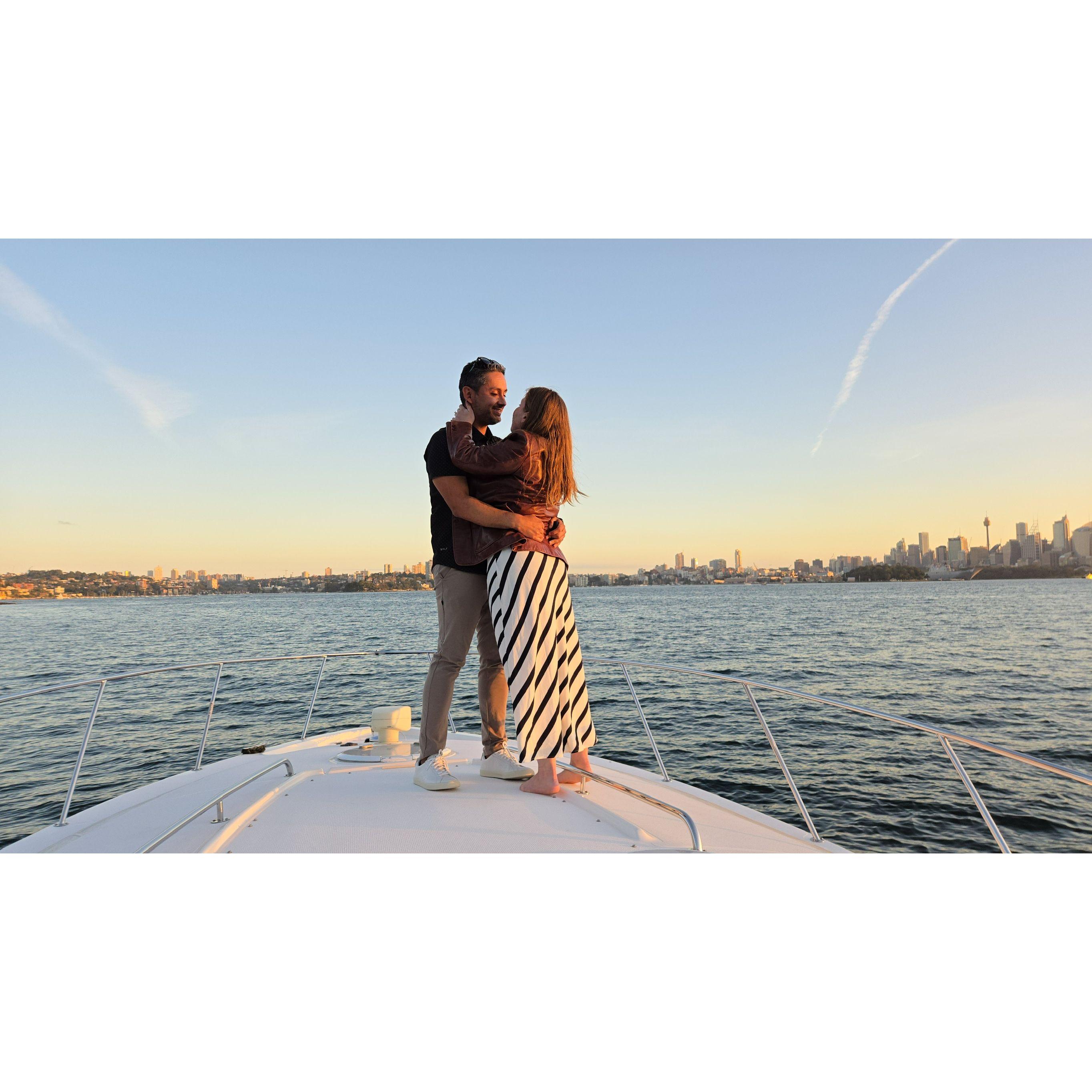 Sunset, a boat, charcuterie, champagne, the Sydney Opera House, the Harbor Bridge, and a proposal: does it get any better than that?