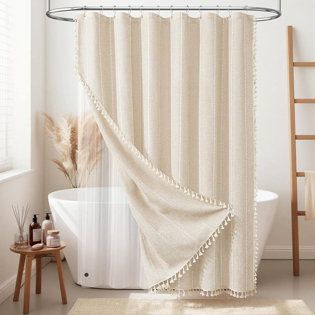 BTTN 3 in 1 Shower Curtain with Liner, Cream Boho Linen Striped Cloth Shower Curtain Set with Plastic Hook, Farmhouse Bohemian Country Waterproof Fabric Shower Curtain for Bathroom, Beige, 72x72