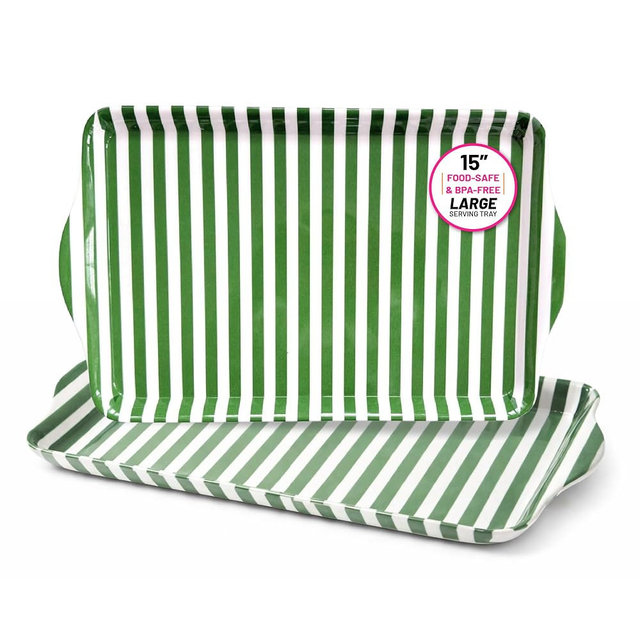 Sprinkles & Confetti 15" Large Melamine Serving Tray with Handles, Green Stripe Rectangular Platter - Lightweight Shatter-Resistant, BPA-Free, Dishwasher Safe - Serving Tray for Food, Drinks & Parties