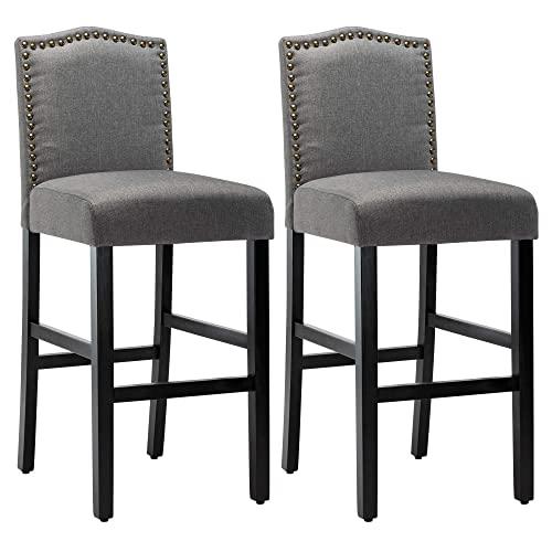 LSSPAID 28.3 inches Fabric Backed Bar Stools Set of 2, Fabric Counter Backed Bar Stools, Nailhead Barstools with Solid Wood Legs, Gray