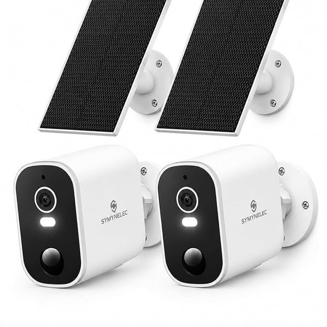 SYMYNELEC 2K Solar Security Cameras Wireless Outdoor, 2-Pack | No Monthly Fee, 100% Wire-Free, Color Night Vision, PIR Person Detection, IP65 Waterproof, Works with Alexa, 2.4GHz WiFi
