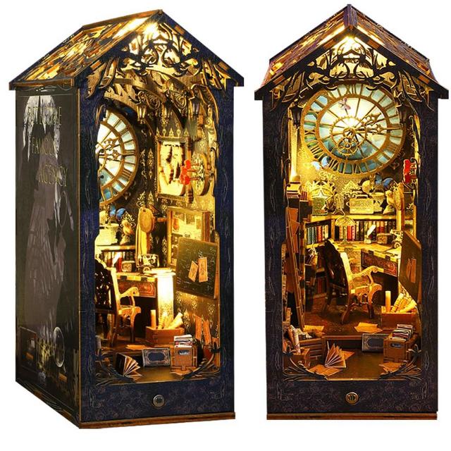 DIY Book Nook Kit Decor - 3D Wooden Puzzle Bookshelf Decor with LED, Bookend Diorama DIY Miniature Dollhouse Kit Crafts Hobbies Gifts for Adults (Detective Agency)