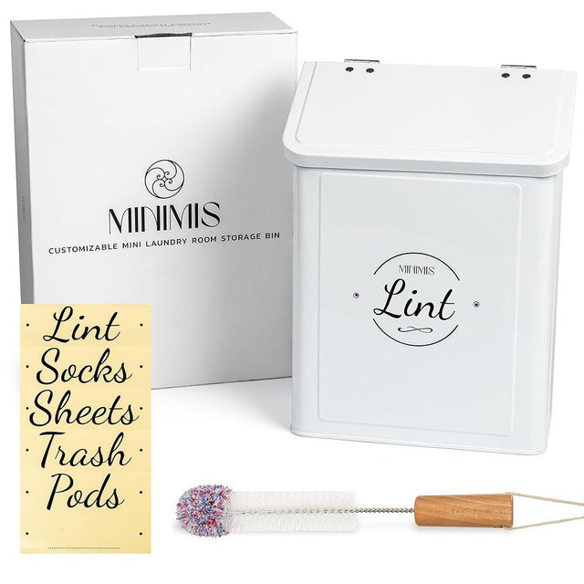 Minimis Customizable Mini Laundry Room Storage Bin - Small Magnetic Storage Holder Basket with Lid for Organizing Lint, Socks, Trash or Pods - Garbage Box Can be Mounted on a Wall/Dryer or Countertop