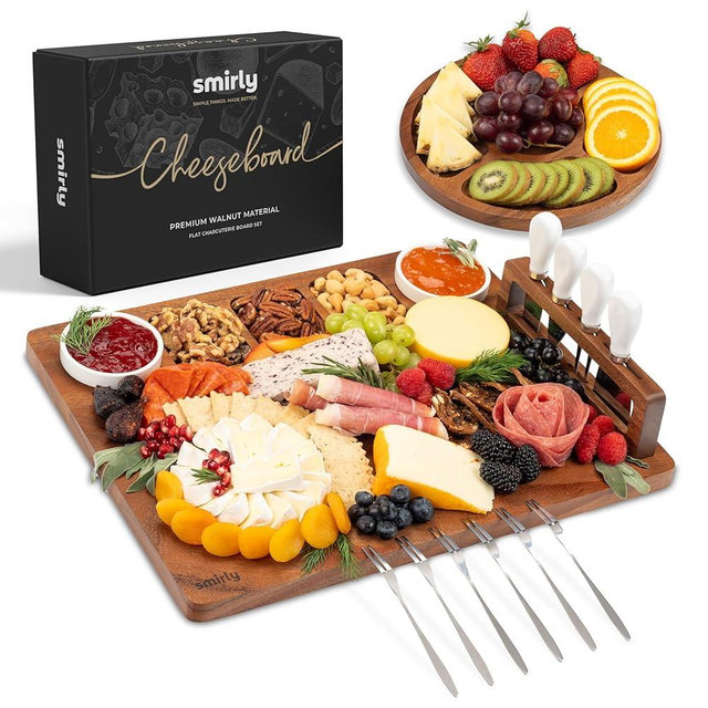 SMIRLY Charcuterie Boards Set, Large Cheese Board Set, Natural Walnut Wood Charcuterie Tray with Accessories - Housewarming Gifts New Home, Wedding & Bridal Shower Gifts for Women, Couples
