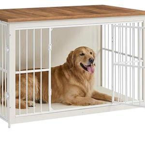 Feandrea Wooden Dog Crate Furniture, 48 Inches Heavy-Duty Kennel for Dogs up to 110 lb, with Double Doors and Enclosed Wood Base, Modern Pet Cage End Table Indoor, Rustic White and Honey Brown