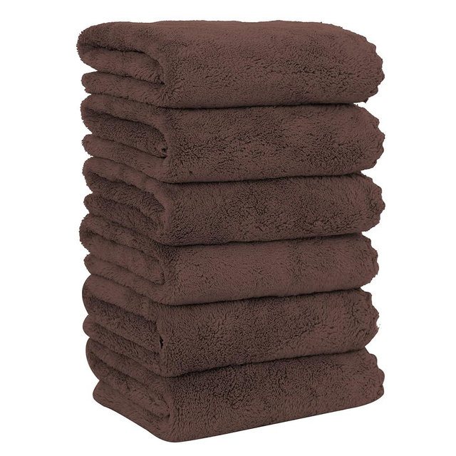 MOONQUEEN 6 Pack Premium Hand Towels - Quick Drying - Microfiber Coral Velvet Highly Absorbent Towels - Multipurpose Use as Hotel, Bathroom, Shower, Spa, Hand Towel 16 x 28 inches (Wood Brown)