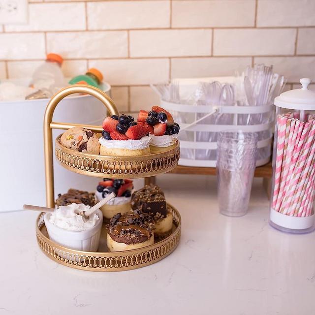 Two Tier Cake Stand | Round Gold Tiered Stand for Serving, Cup Cakes, Coffee, Tea, Cookies, Kitchen Decor, Room, Party, and Holiday Decoration