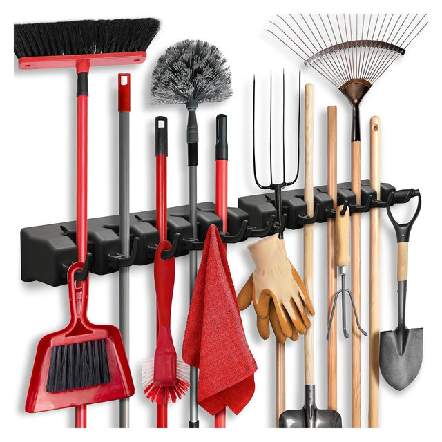 2 Pk Mop and Broom Holder Wall Mount - 5 Slots, 6 Hooks, 7.5lbs Capacity for Garage, Home, Kitchen, Closet, Laundry Room Organization Black Homeitusa
