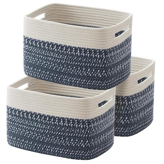 OIAHOMY Storage Basket, Woven Baskets for Storage, Cotton Rope Basket for toys,Towel Baskets for Bathroom - Pack of 3,White Blue