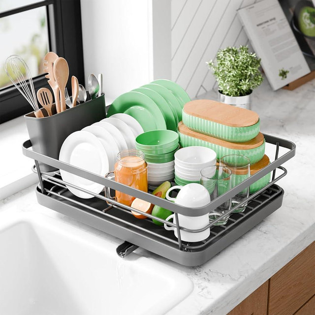 Kitsure Dish Drying Rack - Compact Dish Rack with Utensil Holder & Adjustable Water Outlet, Rust-Proof & Scratch-Resistant Drying Rack for Kitchen, 15.5" x 12.0" x 5.0", Grey