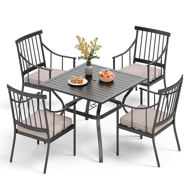PHI VILLA 5 Piece Outdoor Dining Set with Cushion, 37” Square Metal Dining Table with Umbrella Hole & 4 Cushioned Steel Chairs for Patio, Deck, Yard