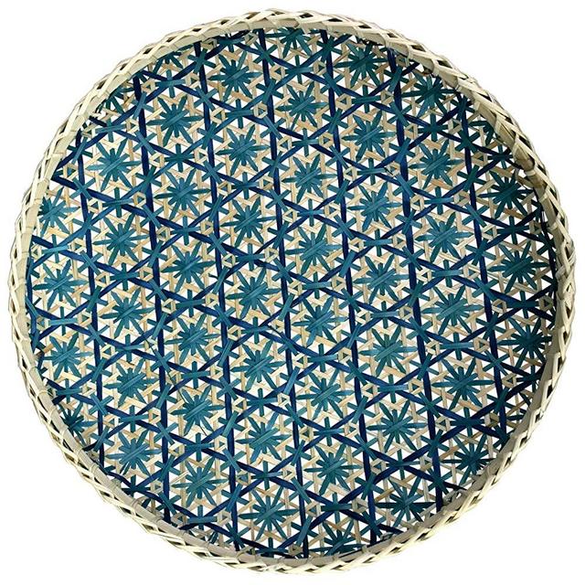 Bamboo Woven Round Basket Tray Rustic Wood Decorative Serving Tray for Breakfast, Drinks, Snack, Coffee Table | Chic Rustic Boho Decor Wall Hanging Home Decoration (Round - Teal)