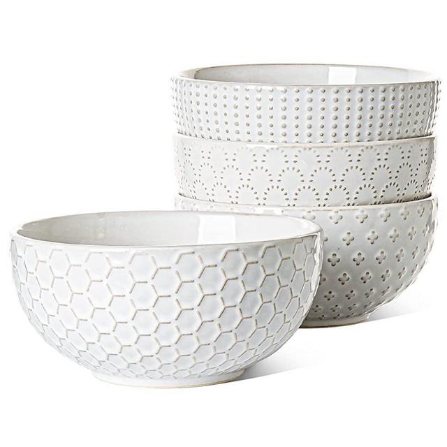 LE TAUCI Cereal bowls 7 inch, House-warming Gift, Ceramic Embossment Stoneware Large Kitchen Bowl for Soup, Pasta, Fruits, Salad, Noodle, Ramen -38oz, Set of 4, Arctic white