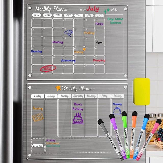 Acrylic Magnetic Calendar for Fridge, Set of 2 Clear Dry Erase Board Calendar for Fridge, 16"x12" Magnetic Monthly and Weekly Calendar for Fridge, Includes 6 Dry Erase Markers and 1 Eraser