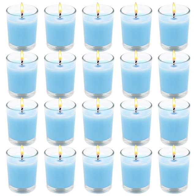 Set of 20 Babyblue Votive Candles Clear Glass Filled Unscented Soy Wax Candle for Home Spa Weddings Holiday Baby-Shower Party and DIY