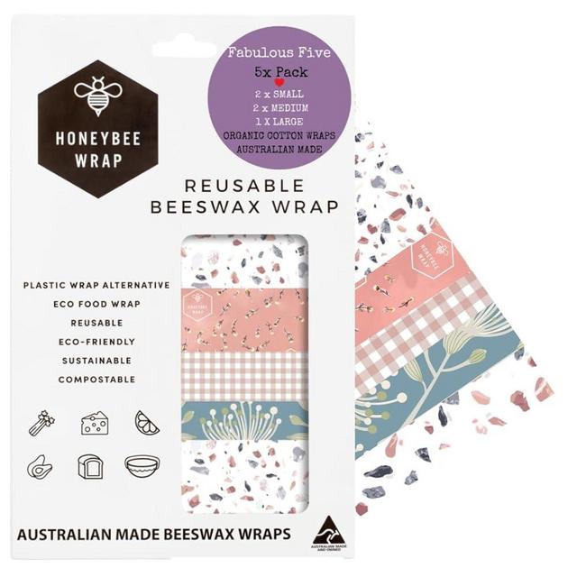 Honeybee Wrap, Reusable Beeswax Wraps for Food | 5 Pack Neutral | Eco Friendly, Organic, Biodegradable, Bee's Wrap for Reusable Bowl Covers and Food Storage | Reusable Cling Wrap | Australian Made