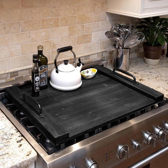 Ilyapa Noodle Board Wood Stove Top Cover for Gas Stove, Electric Stove Burner Covers, Farmhouse Serving Tray, Handles Made of Cast Iron, 22x30 Inches, Farmhouse Noodle Board, Charcuterie Board, Black