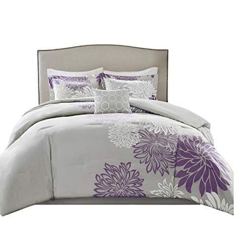Comfort Spaces Enya 5 Piece Comforter Set Ultra Soft Hypoallergenic Microfiber Floral Print Bedding, King, Purple/Grey