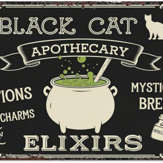 Black Cat Apothecary Halloween Elixirs Vintage Tin Sign, Retro Metal Wall Decor for Halloween, Gothic, or Witchy Theme, Spooky Wall Art Poster Gifts for October 8"x12"