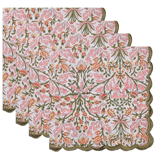 Ridhi Cloth Napkins Set of 4 Cotton Printed Dinner Block Print Napkins I Baby Bridal Shower Wedding Cocktail Cloth Floral Napkins 18x18 in Sassy Salmon Pink