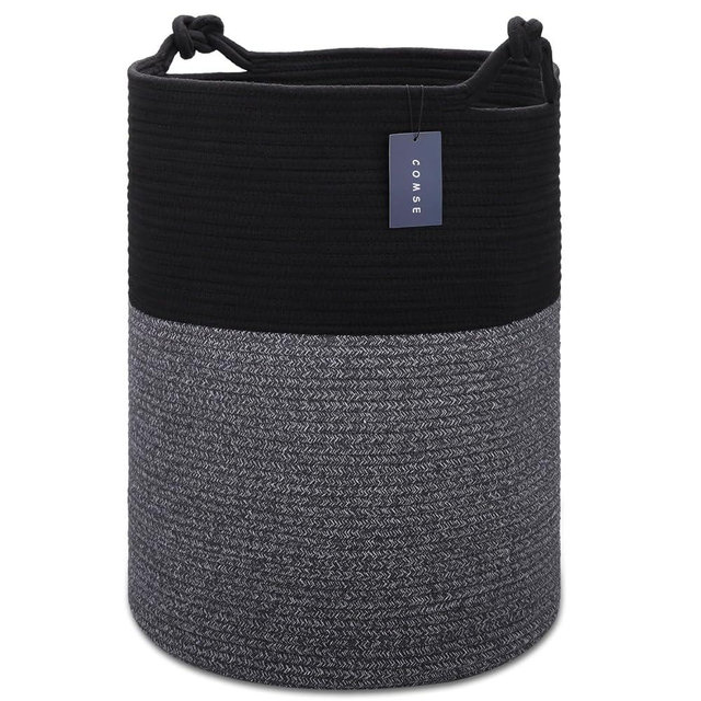 COMSE Extra Large Blanket Basket, Tall Woven Storage Basket, Nursery Hamper, 15.7”x 21.7”, Cotton Rope Laundry Hamper for Toys Clothes Towels, Black