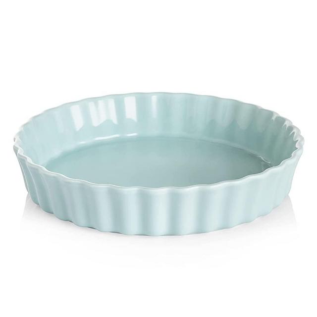 SWEEJAR Porcelain Pie Pan, 9.5-inch Round Corrugated Tart Dish, Non-sticky Ceramic Quiche Plate, Suitable for Baking Apple Pie, Cheese Sweet Potato Pie, Chicken Pot Pie, Crustless Quiche (Turquoise)